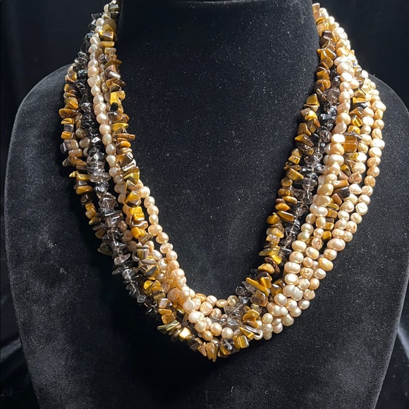 1531 Ross-Simons 7-Strand Necklace w/ Genuine Pearl Tigers Eye and Smoky Quartz